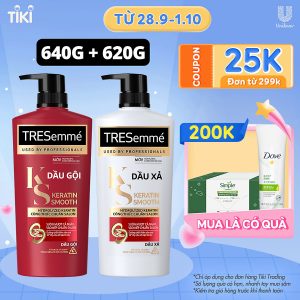 Thương hiệu: TRESemmé Combo Dầu Gội, Dầu Xả TRESEMME Keratin Smooth Dưỡng tóc khô xơ rối Công thức chuẩn salon Hydrolyzed Keratin trong Dầu Gội và dầu Xả dưỡng Tóc Vào Nếp Suôn Mượt 640g, 620g  293.000 ₫