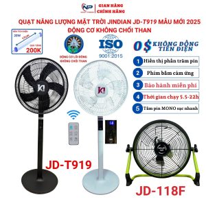 Quạt năng lượng mặt trời,quạt tích điện 919T mẫu mới 2025,điều khiển,báo pin,động cơ không chổi than,cổng usb Củ sạc220V   ₫1.050.000