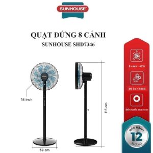 QUẠT ĐỨNG 8 CÁNH SUNHOUSE SHD7346, Công suất60W, Điều khiển cảm ứng, Tích hợp điều khiển từ xa, 3 chế độ gió, ₫773.000
